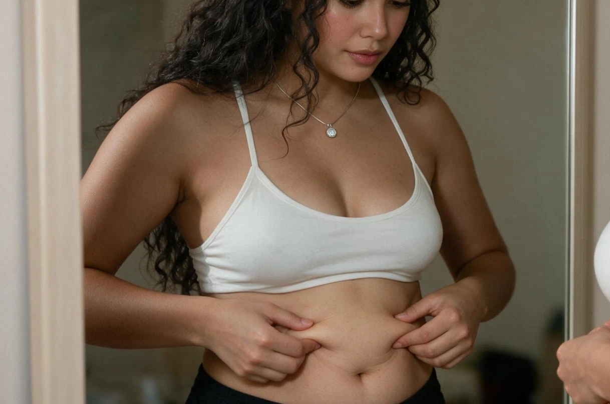 Mujer mirándose al espejo, sintiéndose más cómoda con su cuerpo