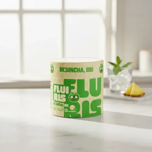 Pote de Fluiris sobre la mesada de la cocina con hielo y piña al fondo